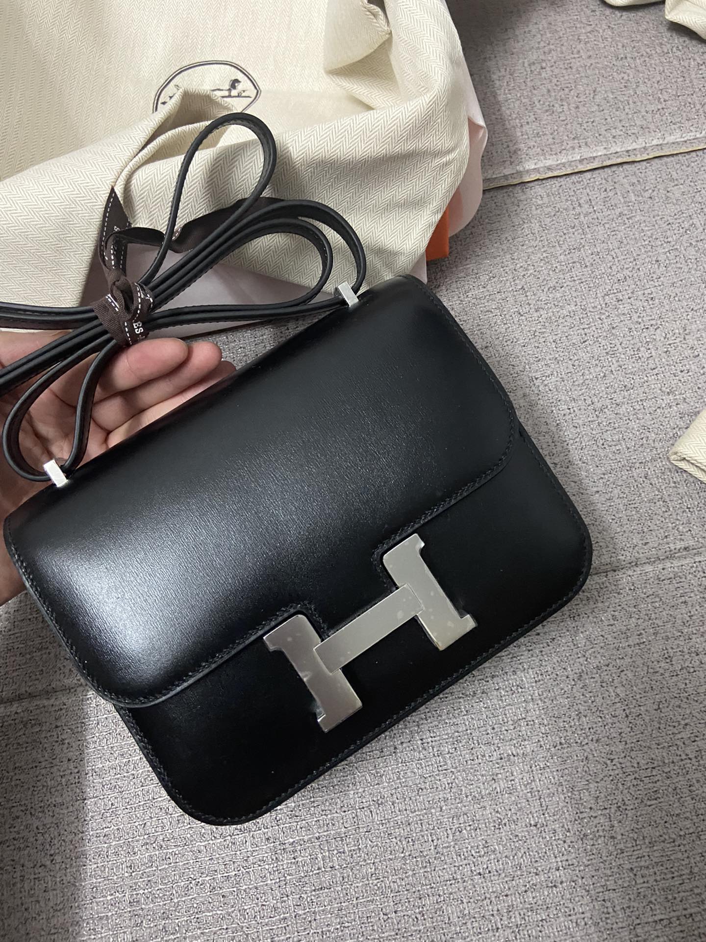 Hermes Constance 18 Mini Shoulder Bag In Black Box Leather